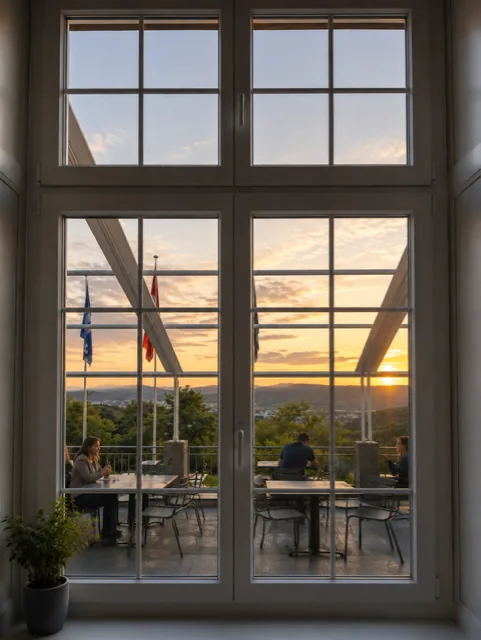 Blick durch das hohe Fenster des Restaurant Waldrain auf den Sonnenuntergang über der Terrasse