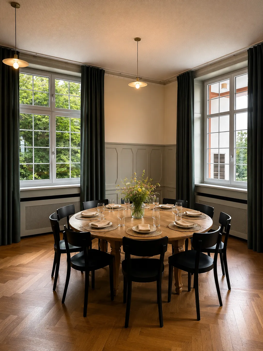Stimmungsvoller Raum im Restaurant Waldrain – runder Tisch, hohe Fenster, historischer Parkett