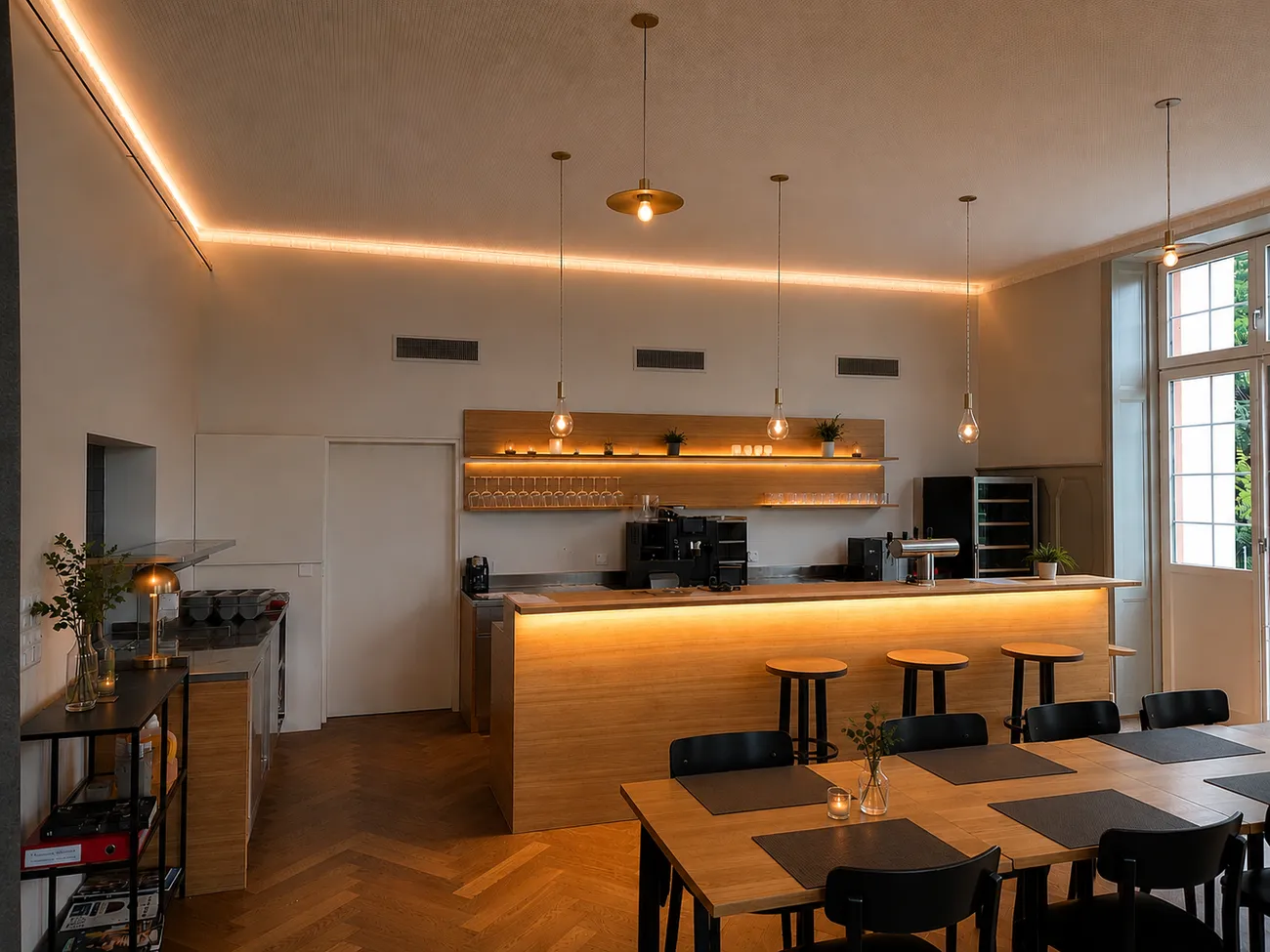 Warm beleuchtete Theke am Abend im Restaurant Waldrain